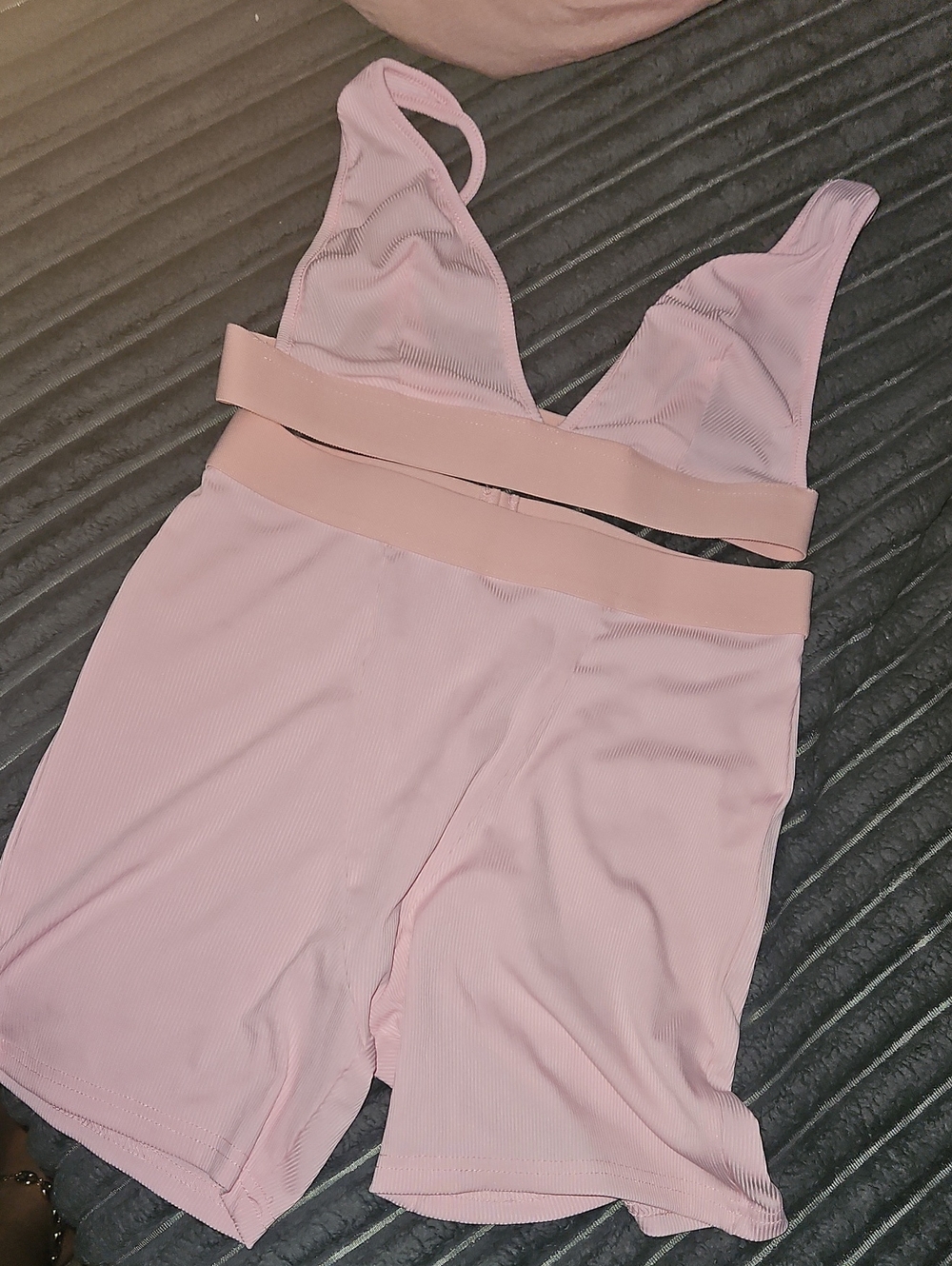 Women's Pink Ribbed Bralette and High-Waist Shorts Set